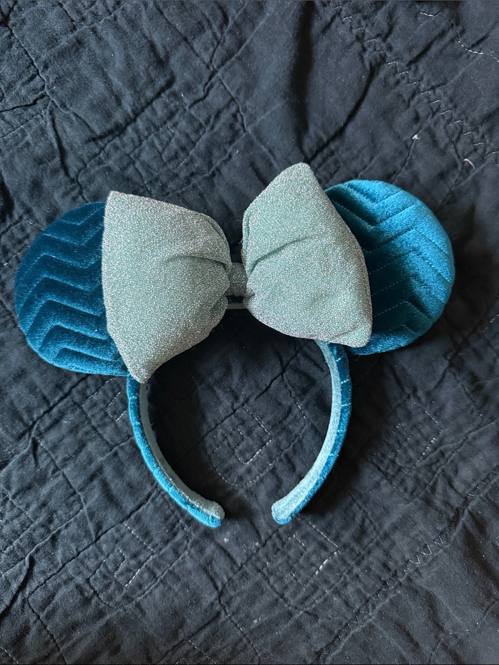 Disney Teal Velvet Minnie Ears Headband with Silver Glitter Bow
